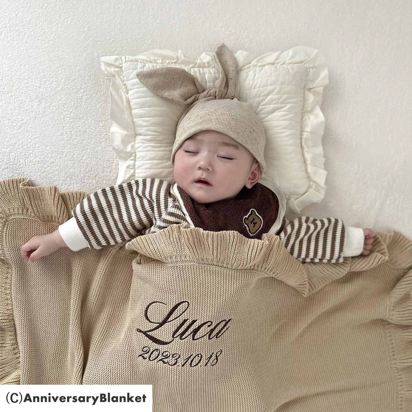 刺繍のフリルブランケット